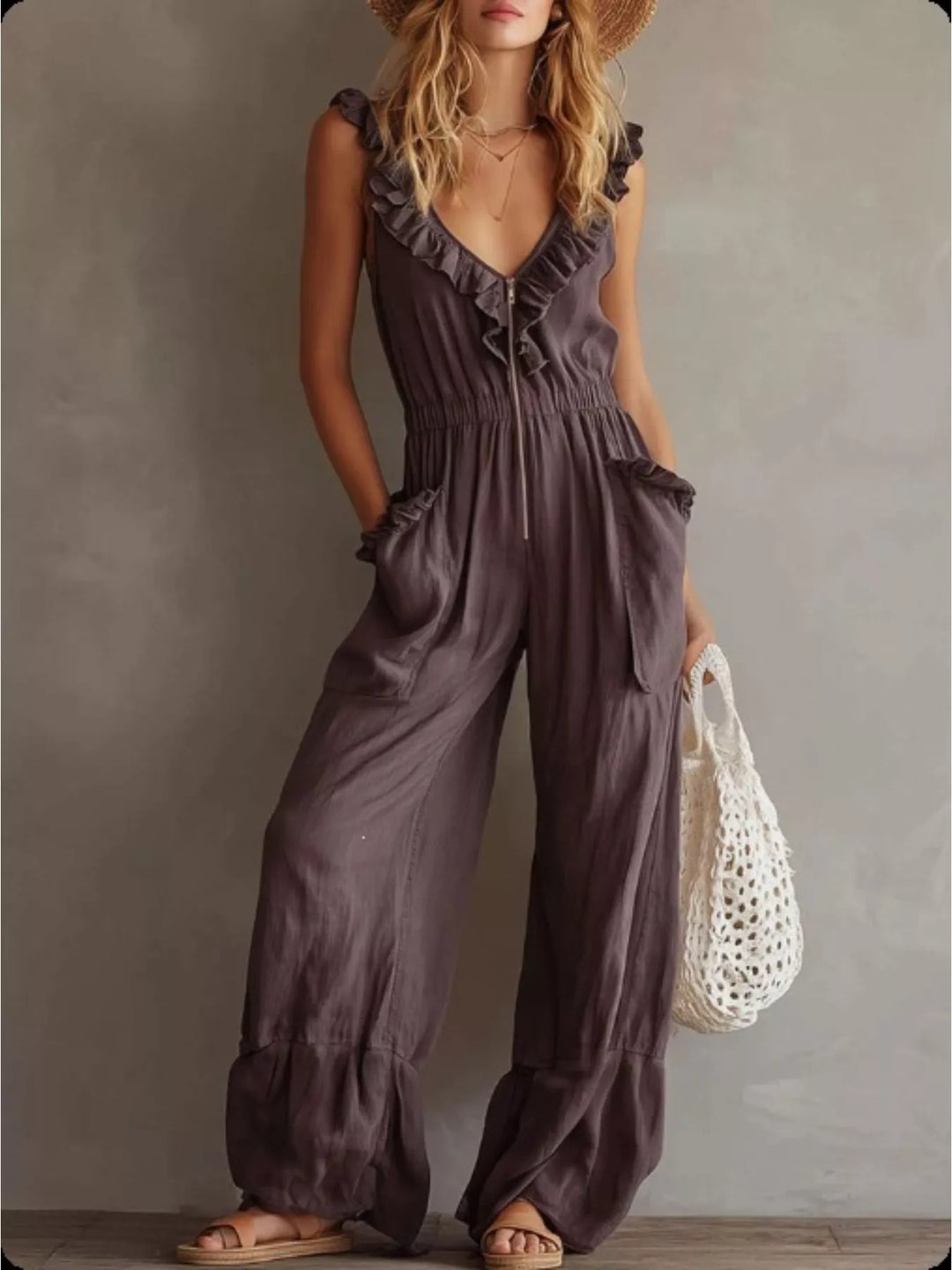 Women's taupe summer jumpsuit with sleeveless wide leg and ruffle V neck, full length
