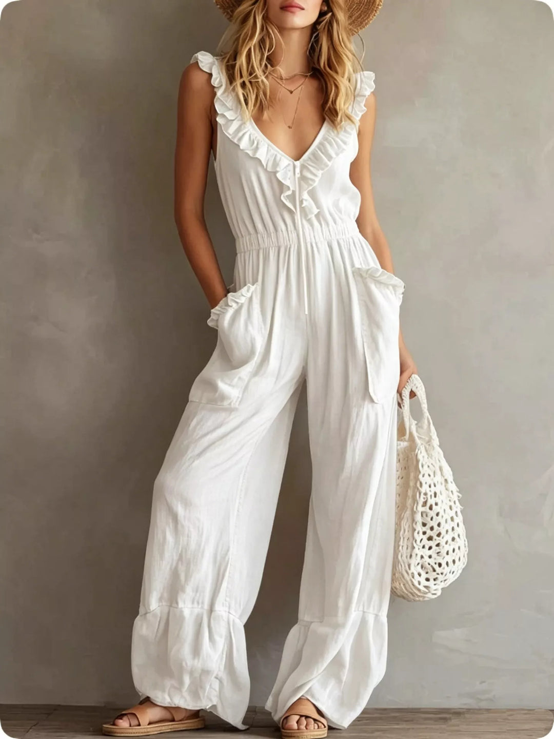 White sleeveless wide leg jumpsuit with ruffle neckline, standing pose