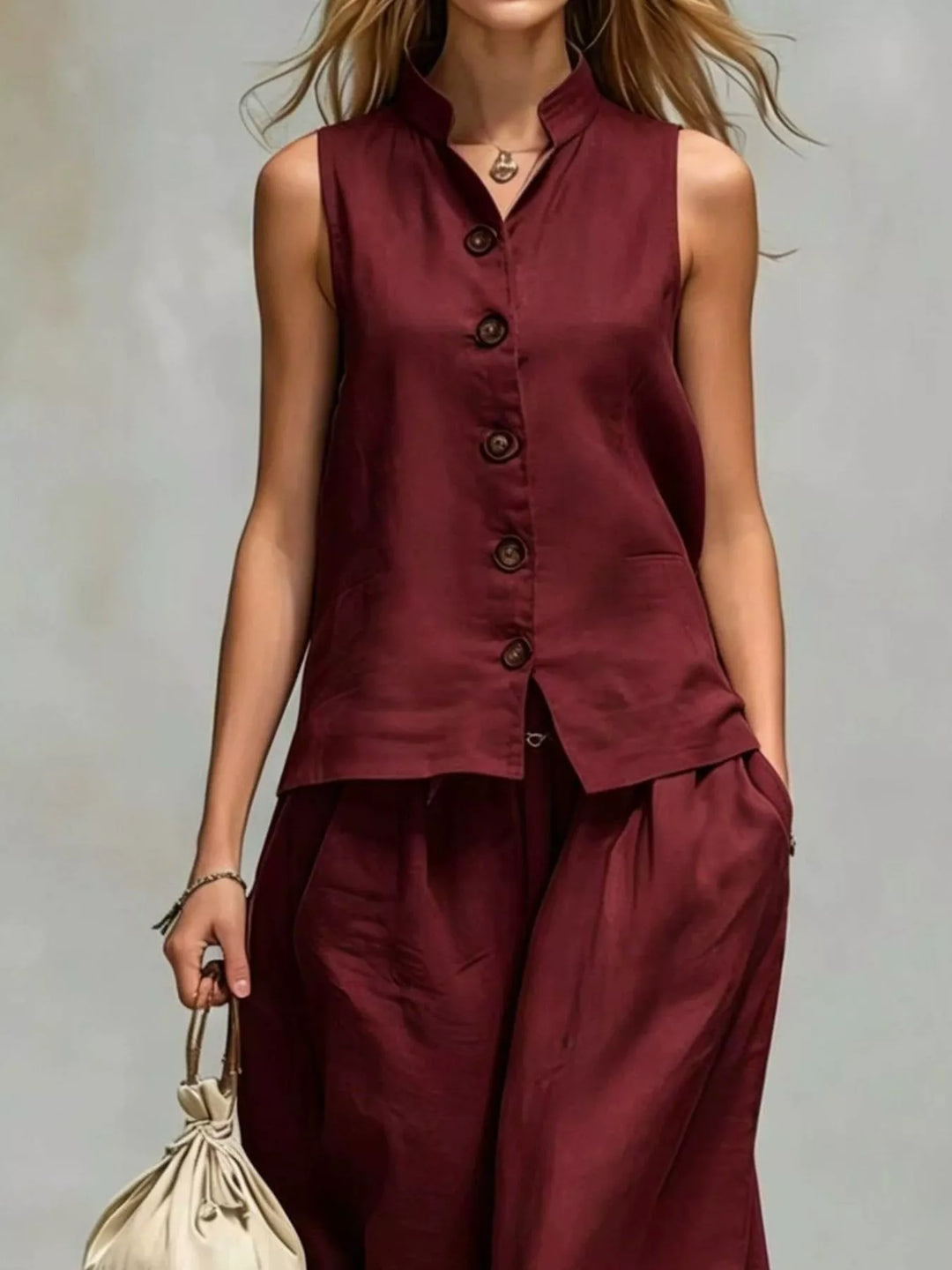 Front view of the burgundy button vest tucked over loose wide leg pants