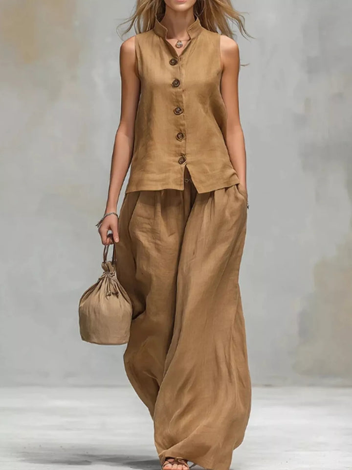 Women's summer matching set in camel, sleeveless button vest with wide leg pants, full length