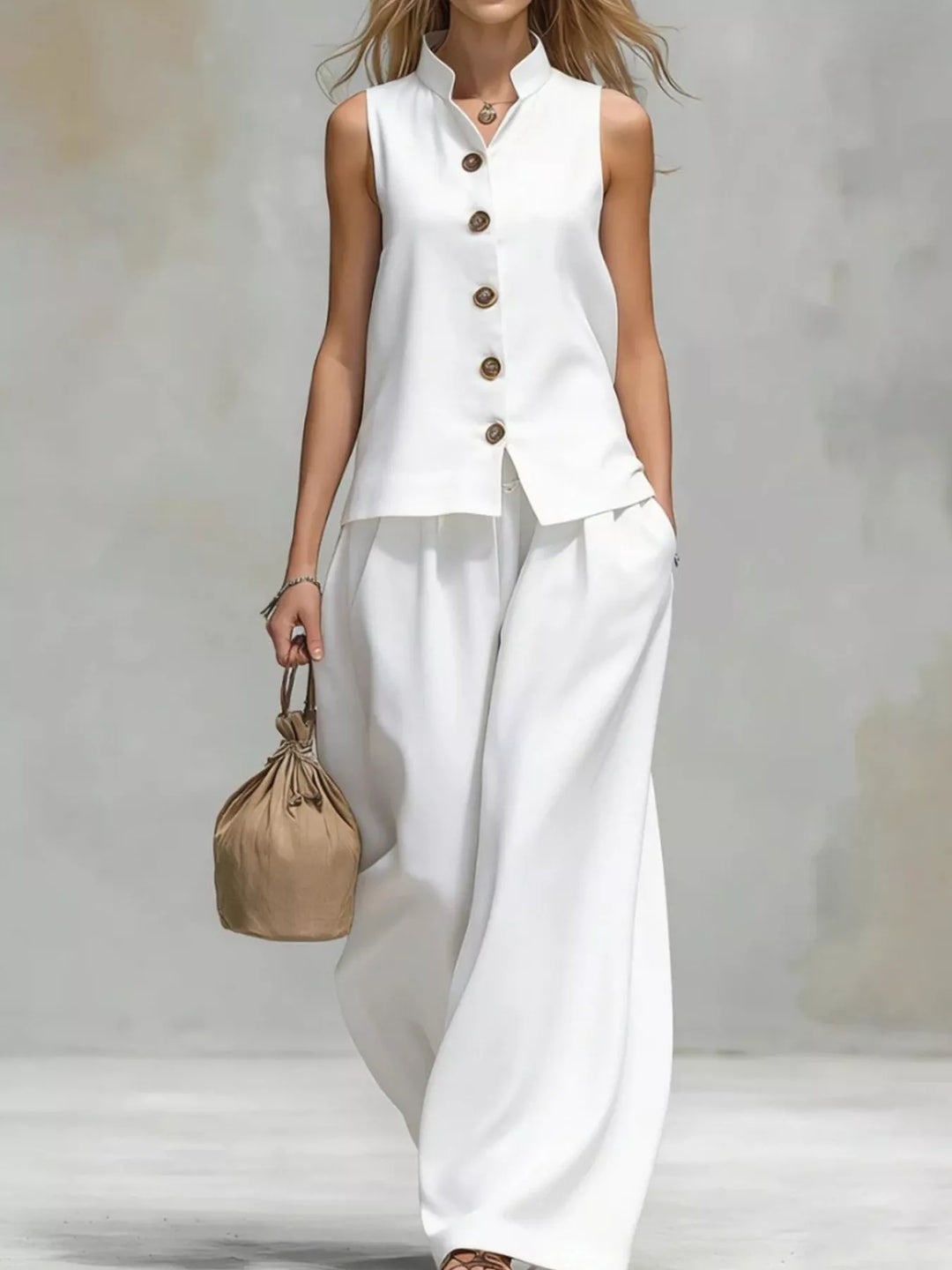 White sleeveless vest and wide leg pants set, full length with a woven bag