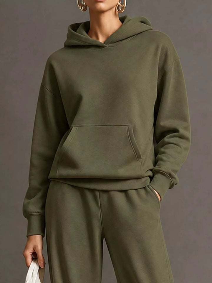 Kangaroo pocket hoodie and wide leg pants in army green, close-up detail