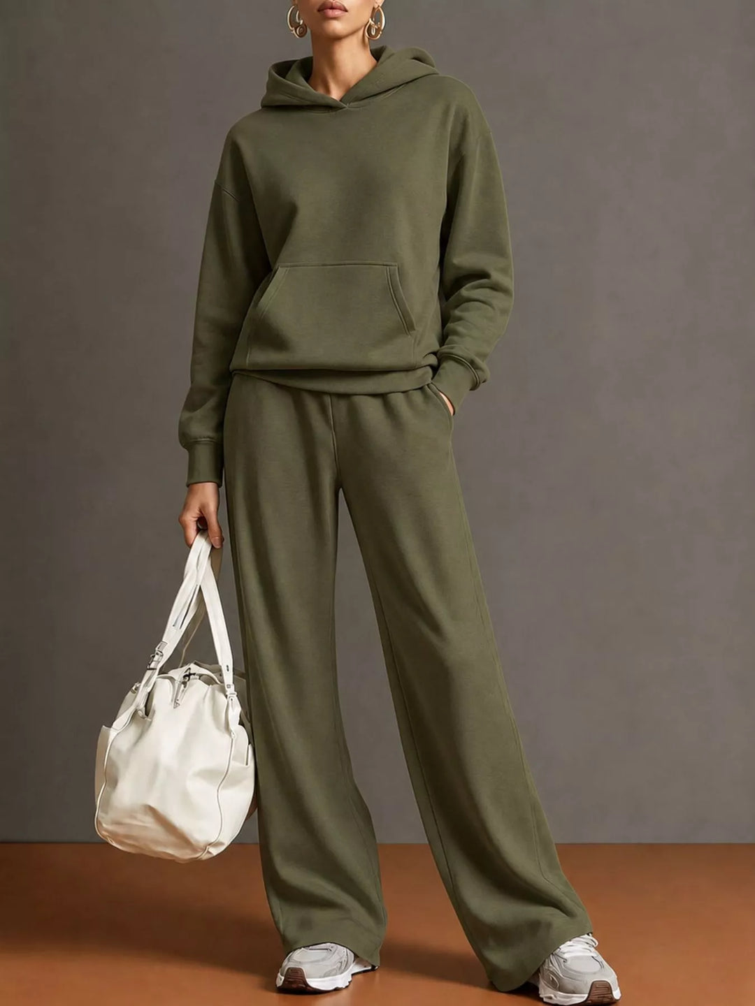 Kangaroo pocket hoodie and wide leg pants in army green, front view