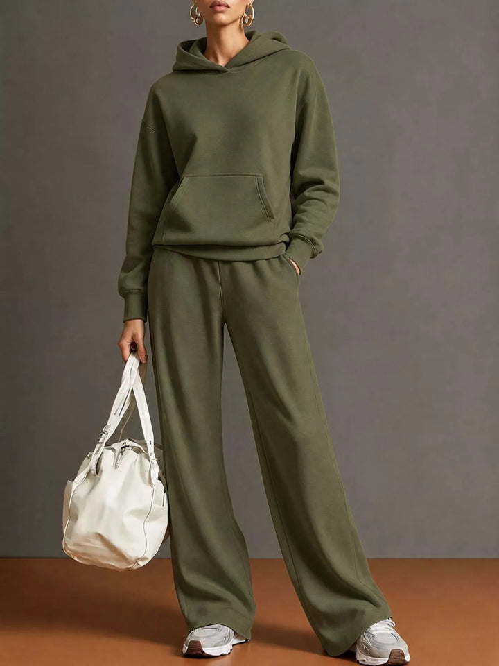 Kangaroo pocket hoodie and wide leg pants in army green, front view