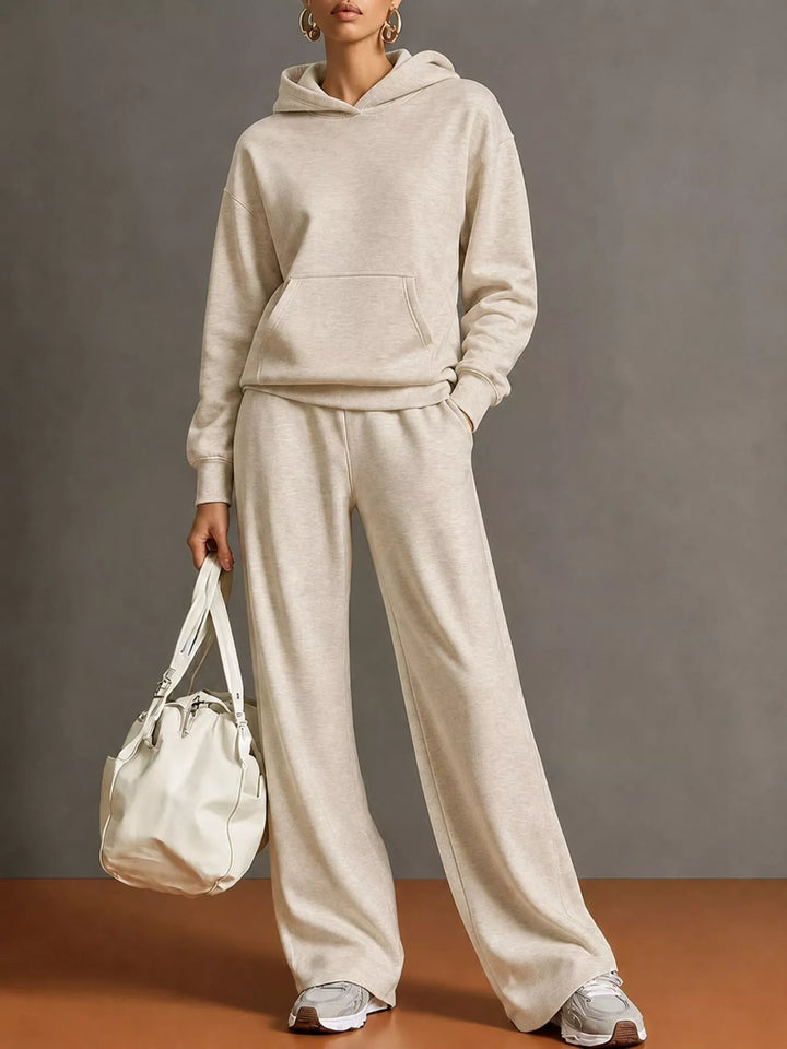 Kangaroo pocket hoodie and wide leg pants in beige, front view