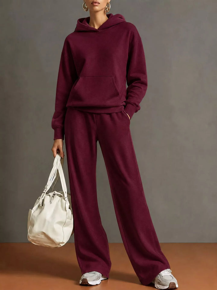 Kangaroo pocket hoodie and wide leg pants in burgundy, front view