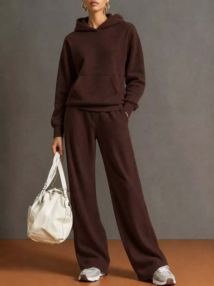 Kangaroo pocket hoodie and wide leg pants in dark brown, front view