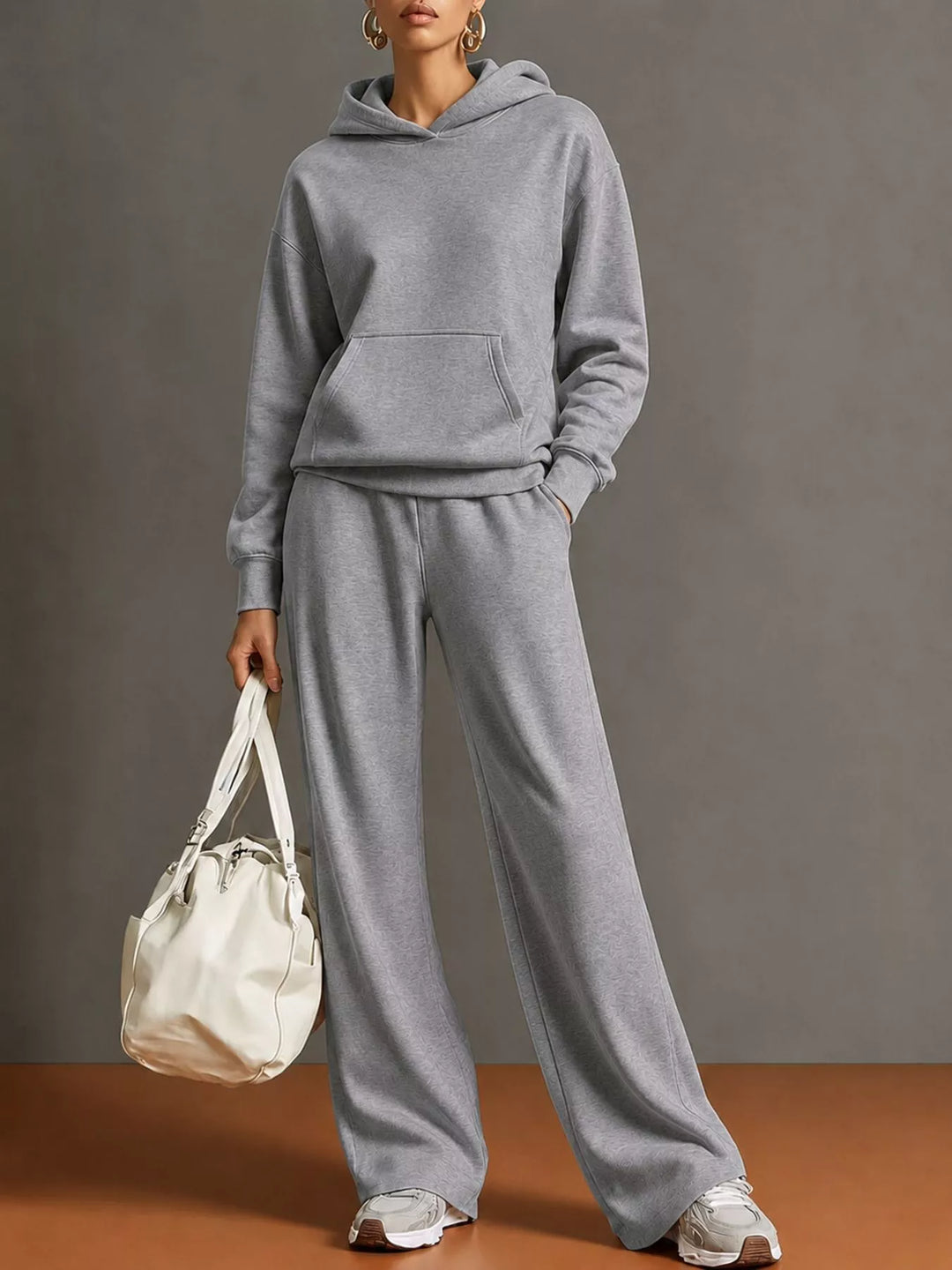 Kangaroo pocket hoodie and wide leg pants in gray, front view