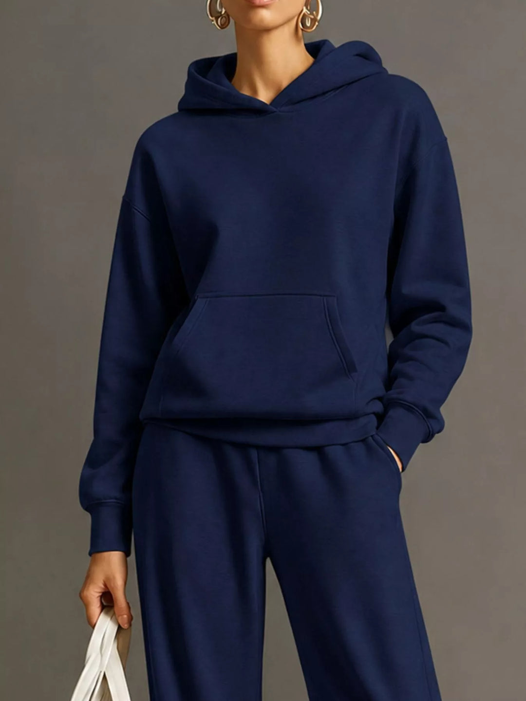 Kangaroo pocket hoodie and wide leg pants in navy, close-up detail