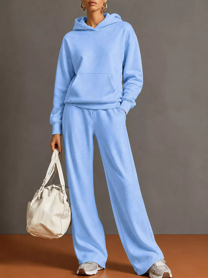 Kangaroo pocket hoodie and wide leg pants in royal blue, front view