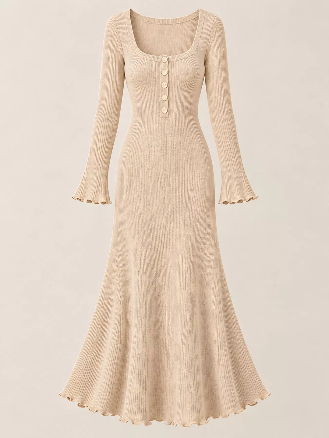 Apricot sweater dress shown flat with button front