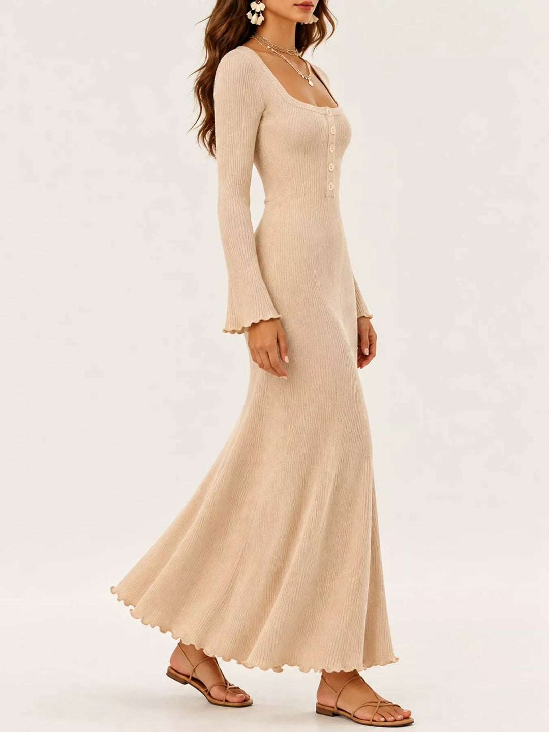 Apricot sweater dress worn on a model, showing the button front
