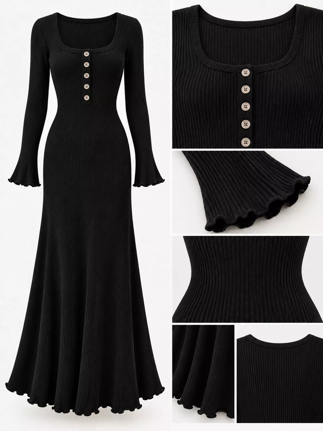 Close-up of the button front on the black sweater dress