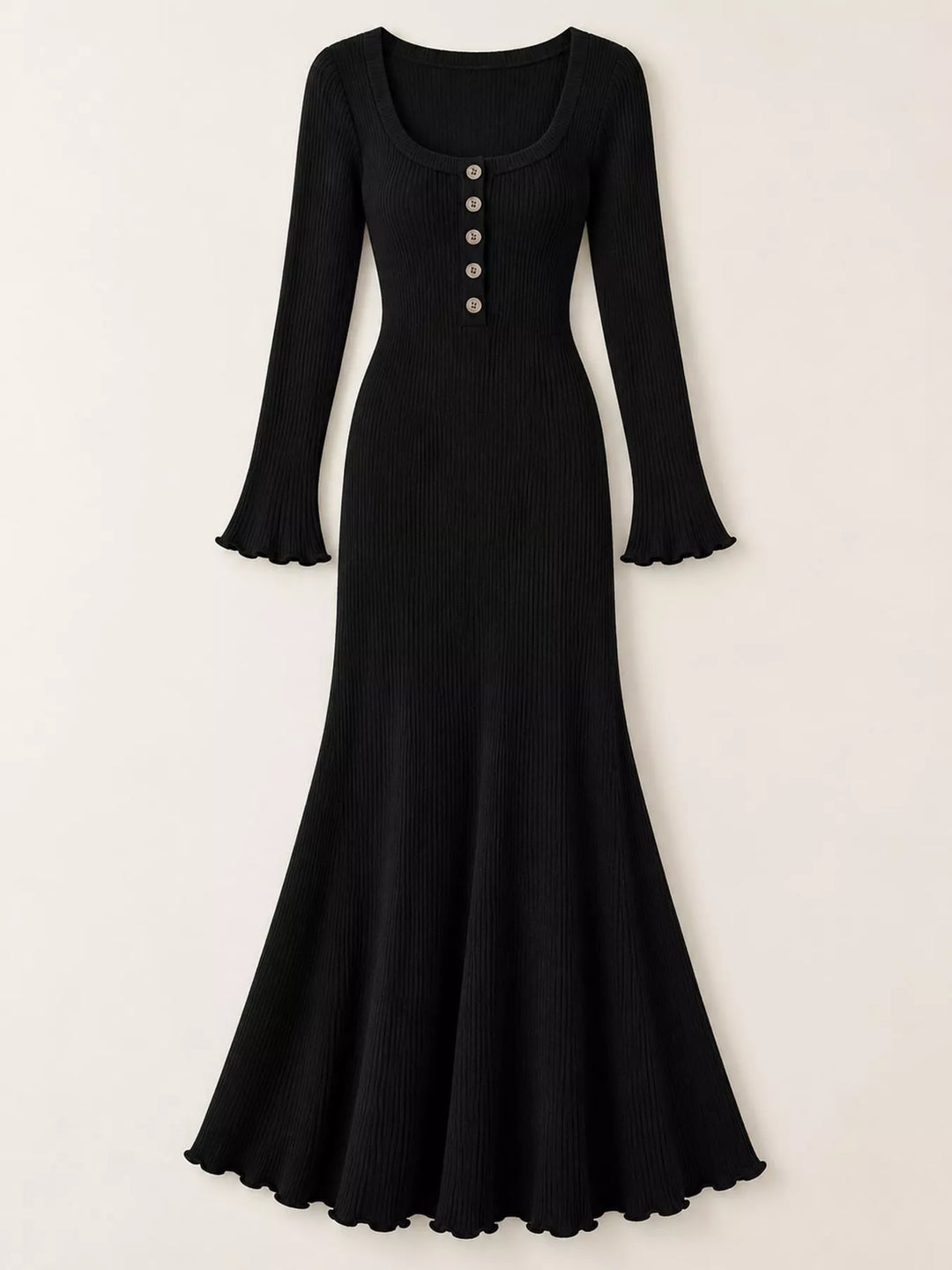 Black sweater dress shown flat with button front