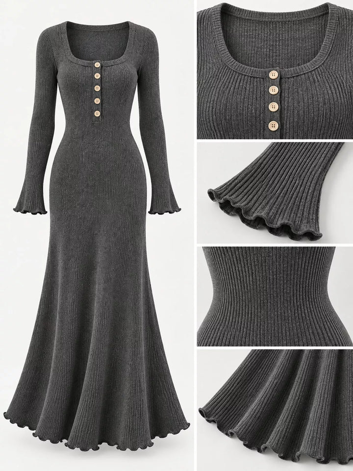 Close-up of the button front on the gray sweater dress