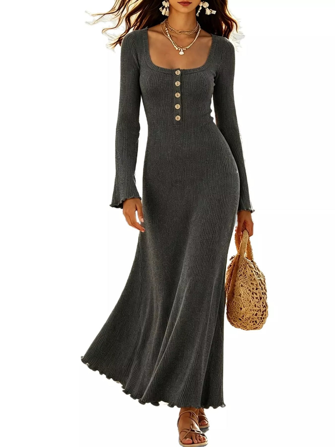 Gray sweater dress worn on a model, showing the button front