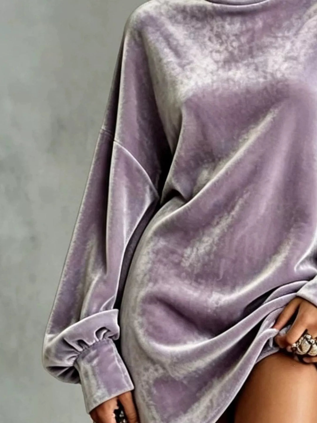 Velvet-look mock neck oversized mini in purple, close-up detail