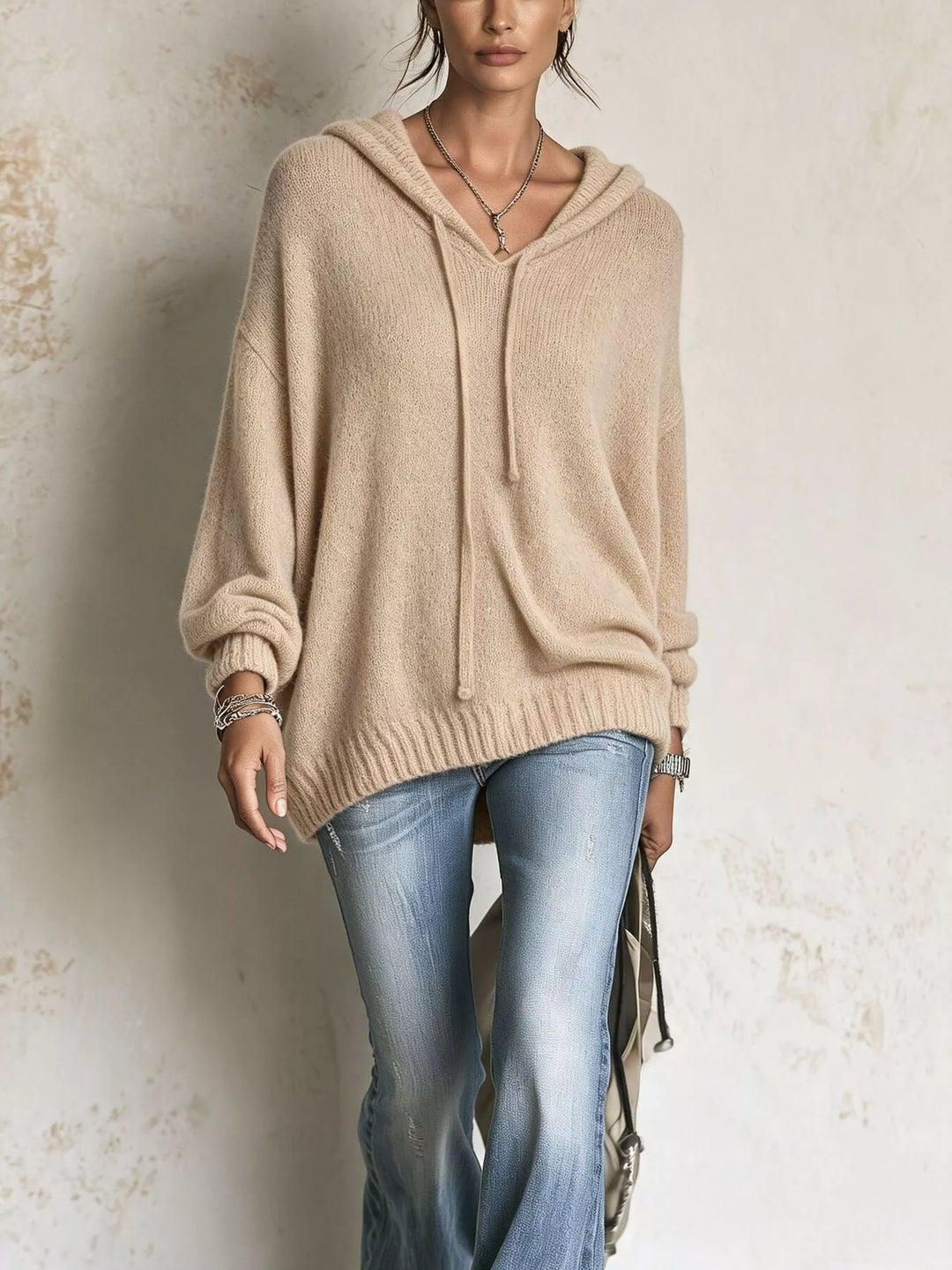 Women's sweater in tan, oversized hooded knit with V neckline