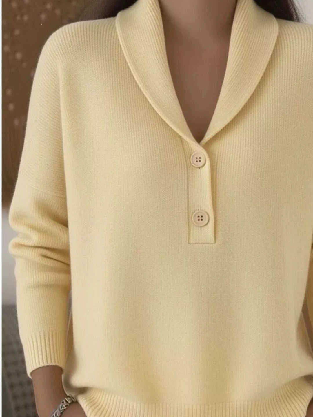 Butter yellow shawl collar V neck sweater, relaxed fit shown close up
