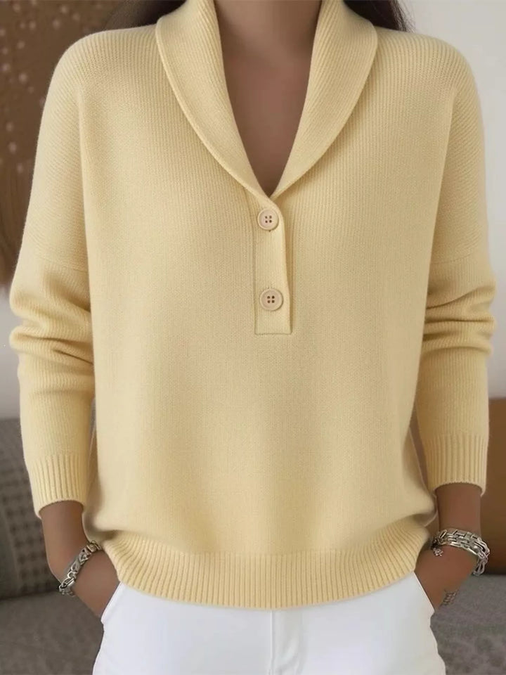 Women's butter yellow sweater with shawl collar and button placket, front view