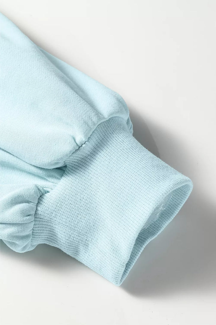 Close-up of the pastel blue pullover balloon sleeve and ribbed cuff