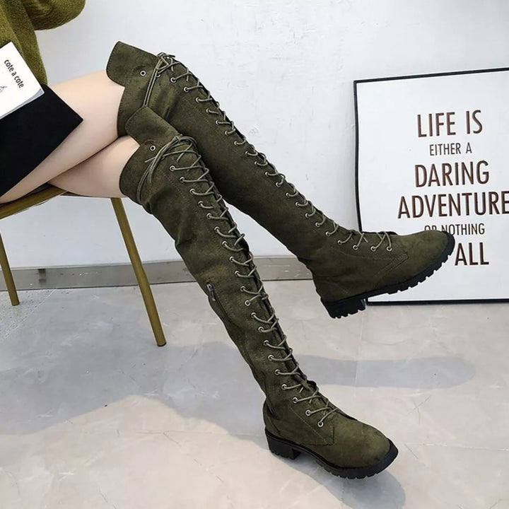 Women's thigh high boots in olive, over the knee lace up block heel