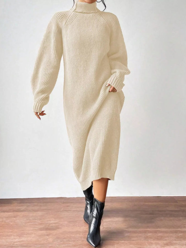 Women's sweater dress in apricot, ribbed knit long sleeve midi