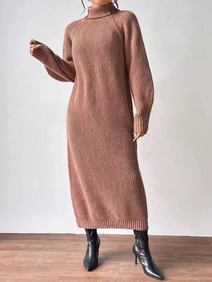 Camel sweater dress front view with turtleneck