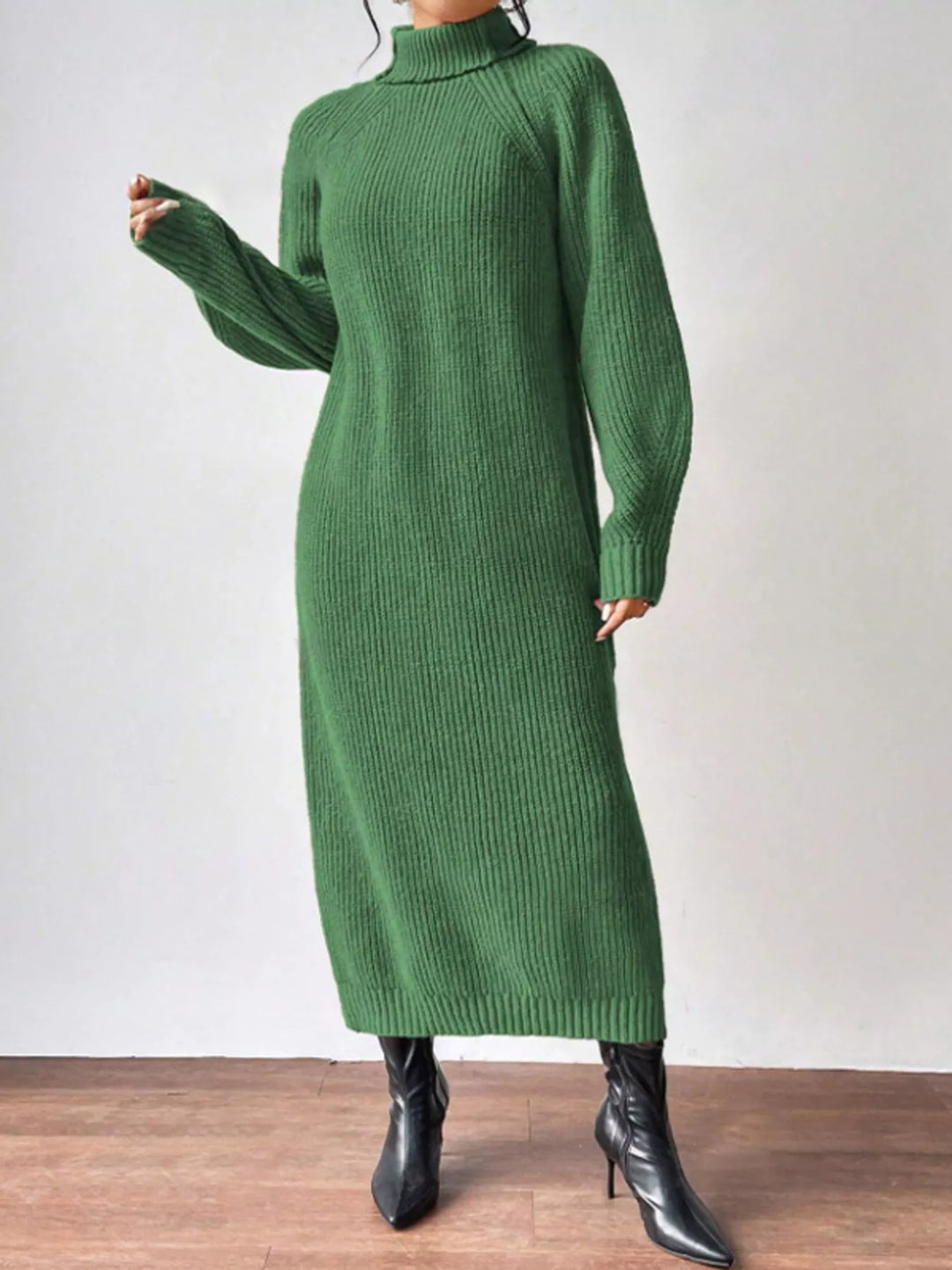 Green sweater dress front view with turtleneck
