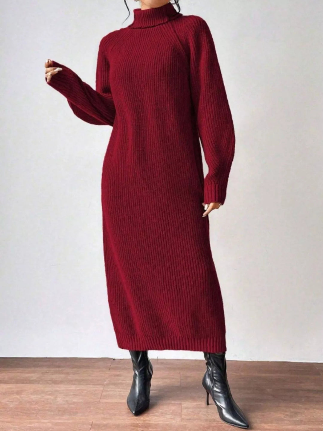 Wine red sweater dress front view with turtleneck