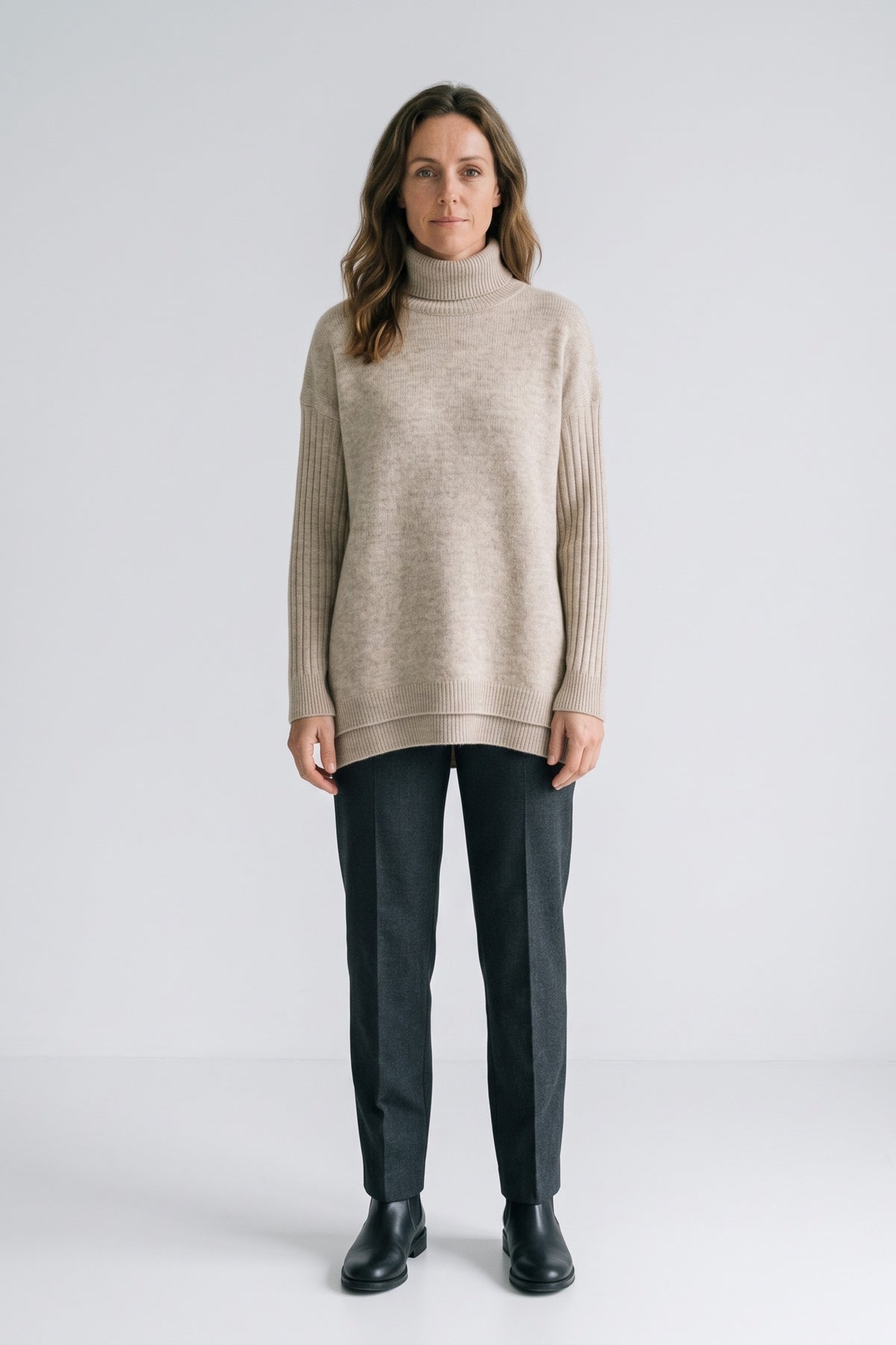 Women's Turtleneck Sweater | High-Low Hem — Beige — front view — on model