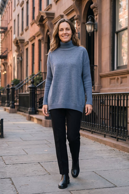 Women's Turtleneck Sweater | High-Low Hem — Blue — lifestyle — on model
