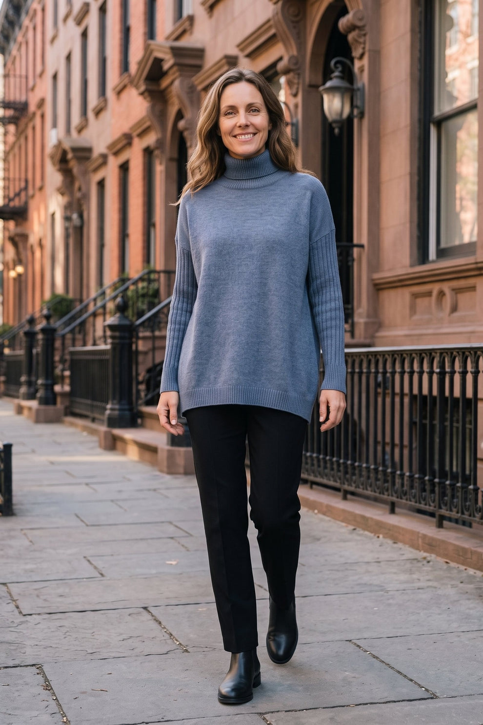 Women's Turtleneck Sweater | High-Low Hem — Blue — lifestyle — on model