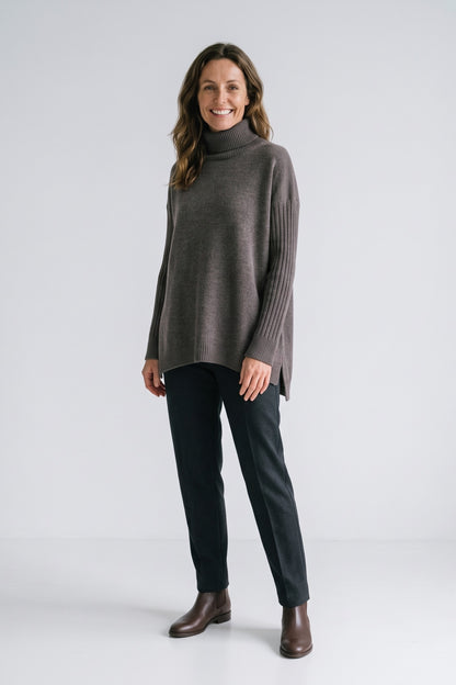 Women's Turtleneck Sweater | High-Low Hem — Dark Grey — front view — on model