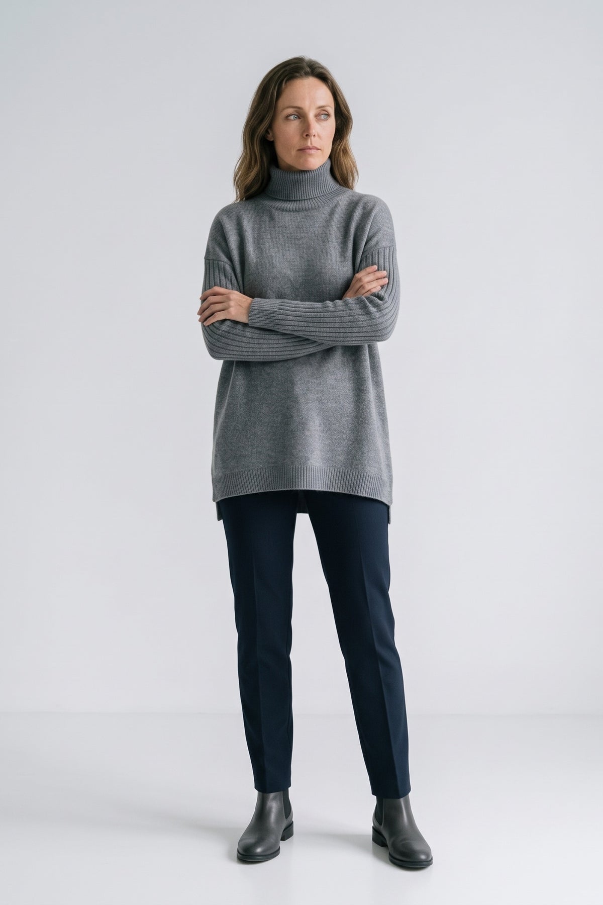 Women's Turtleneck Sweater | High-Low Hem — Grey — front view — on model