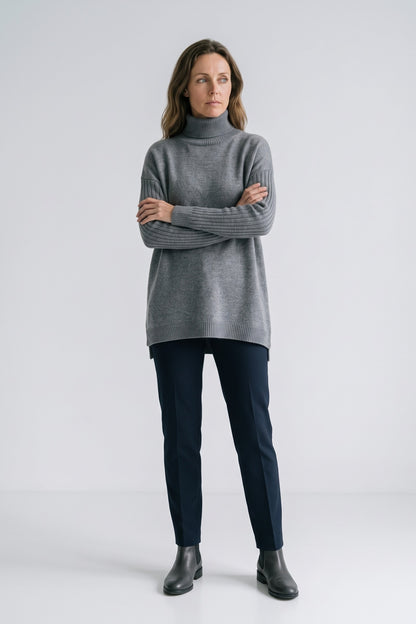 Women's Turtleneck Sweater | High-Low Hem — Grey — front view — on model