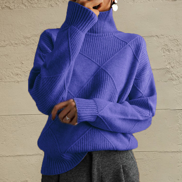 Cobalt Blue oversized turtleneck sweater with a geometric diamond knit, front view