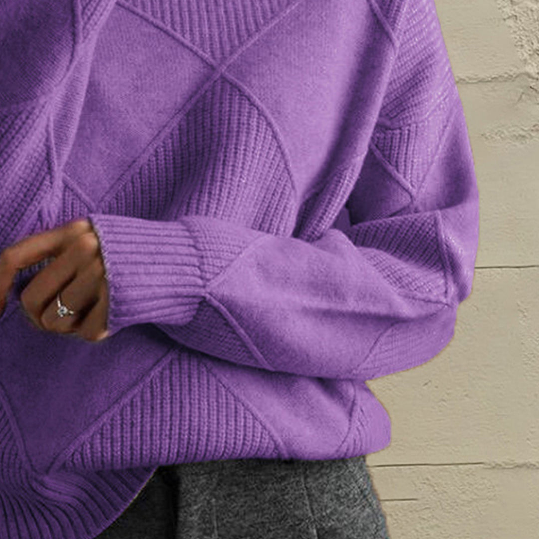 Close-up of the lavender turtleneck collar and diamond knit pattern