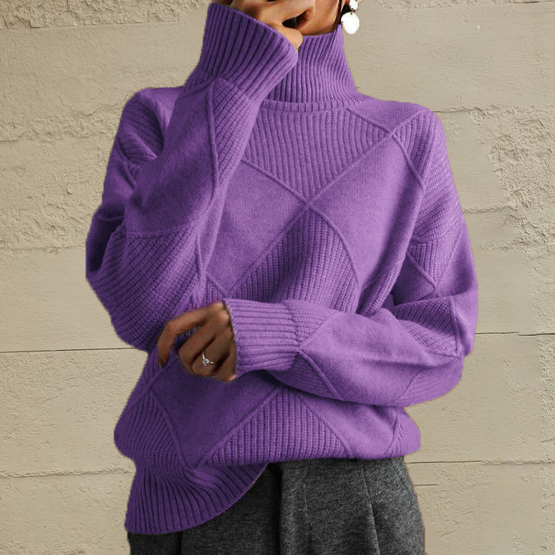 Lavender oversized turtleneck sweater with a geometric diamond knit, front view