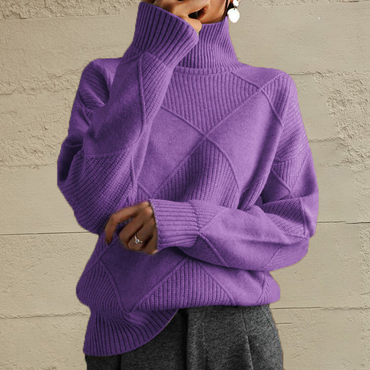 Lavender oversized turtleneck sweater with a geometric diamond knit, front view