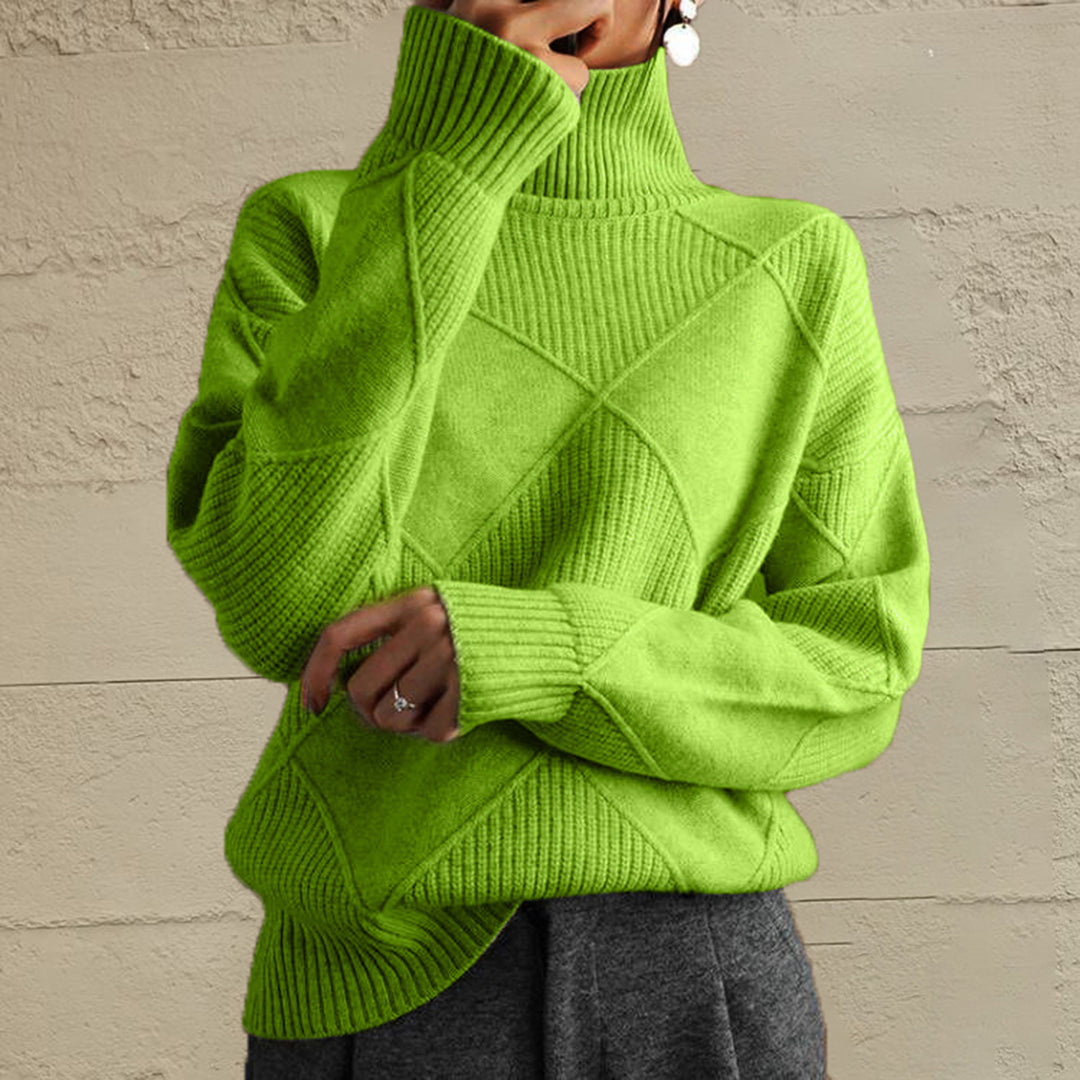 Lime Green oversized turtleneck sweater with a geometric diamond knit, front view