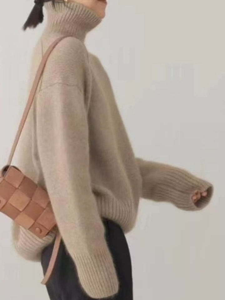 Oversized thermal dropped shoulder in camel, styled on model 2