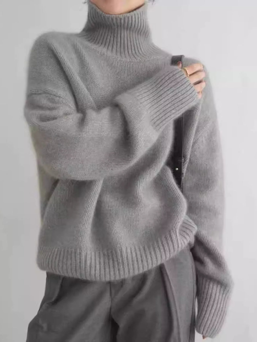 Women's turtleneck sweater in gray, oversized thermal dropped shoulder