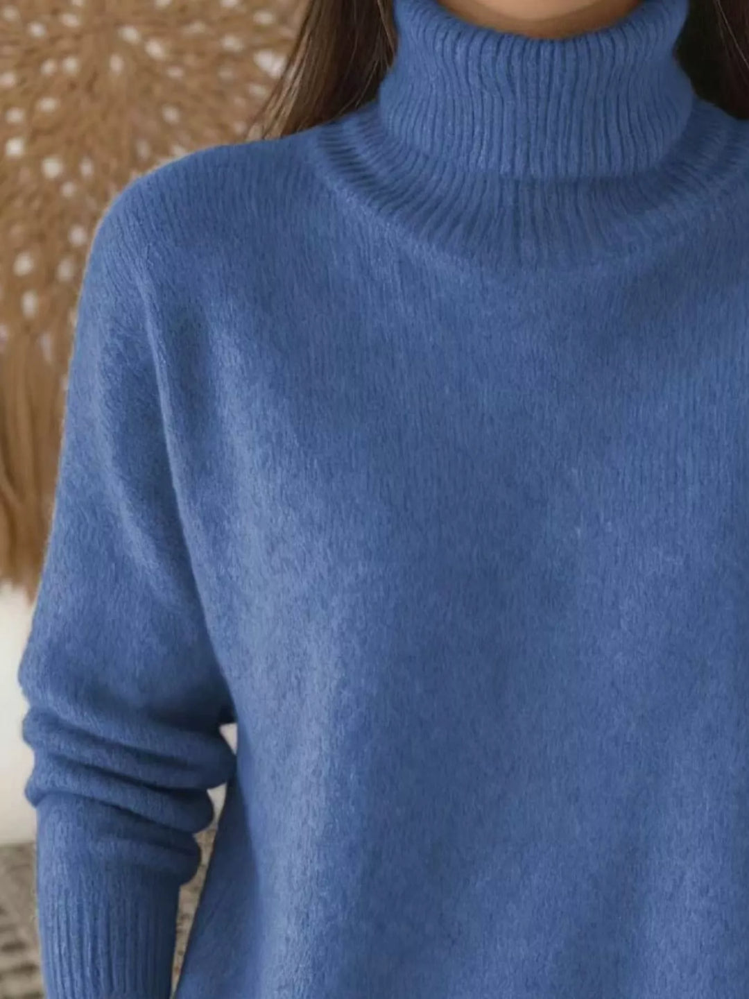 Soft fuzzy look long sleeve ribbed in blue, close-up detail
