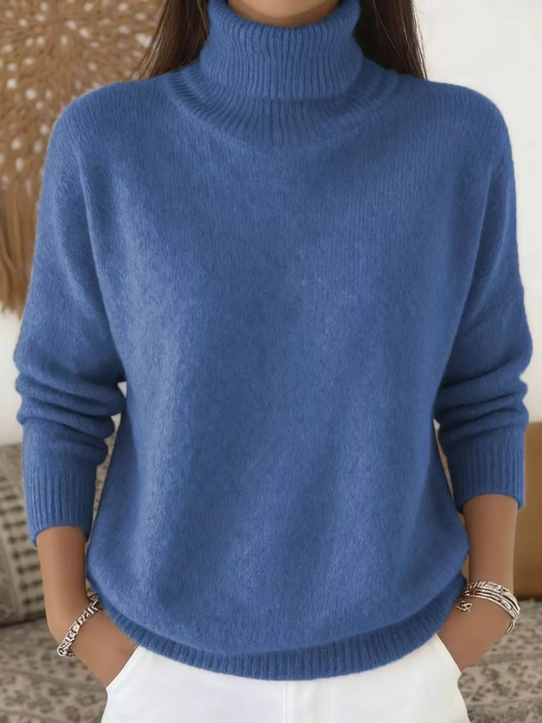 Soft fuzzy look long sleeve ribbed in blue, front view