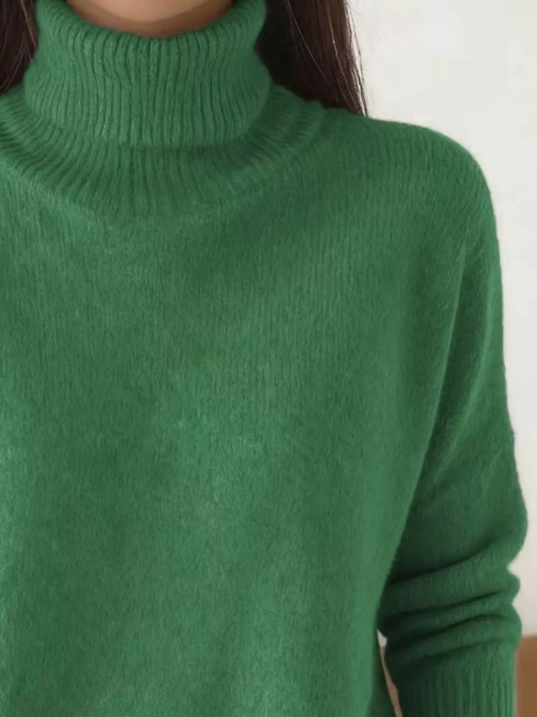Soft fuzzy look long sleeve ribbed in green, close-up detail
