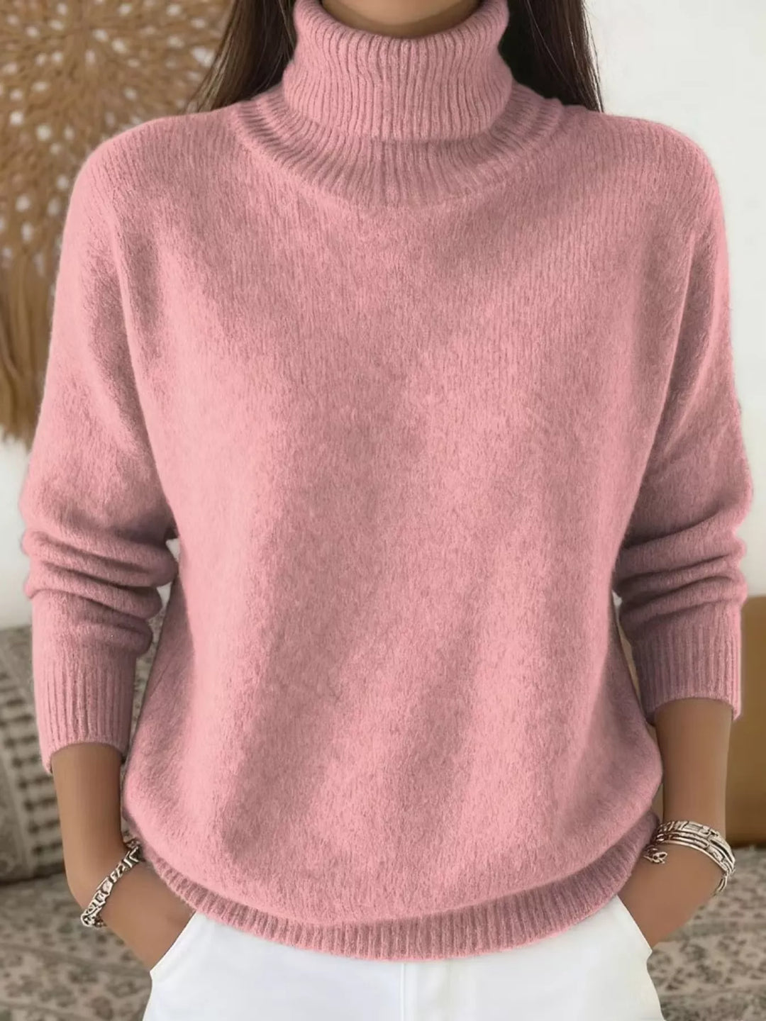 Soft fuzzy look long sleeve ribbed in pink, front view