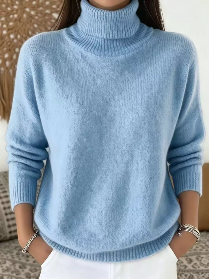 Soft fuzzy look long sleeve ribbed in sky blue, front view