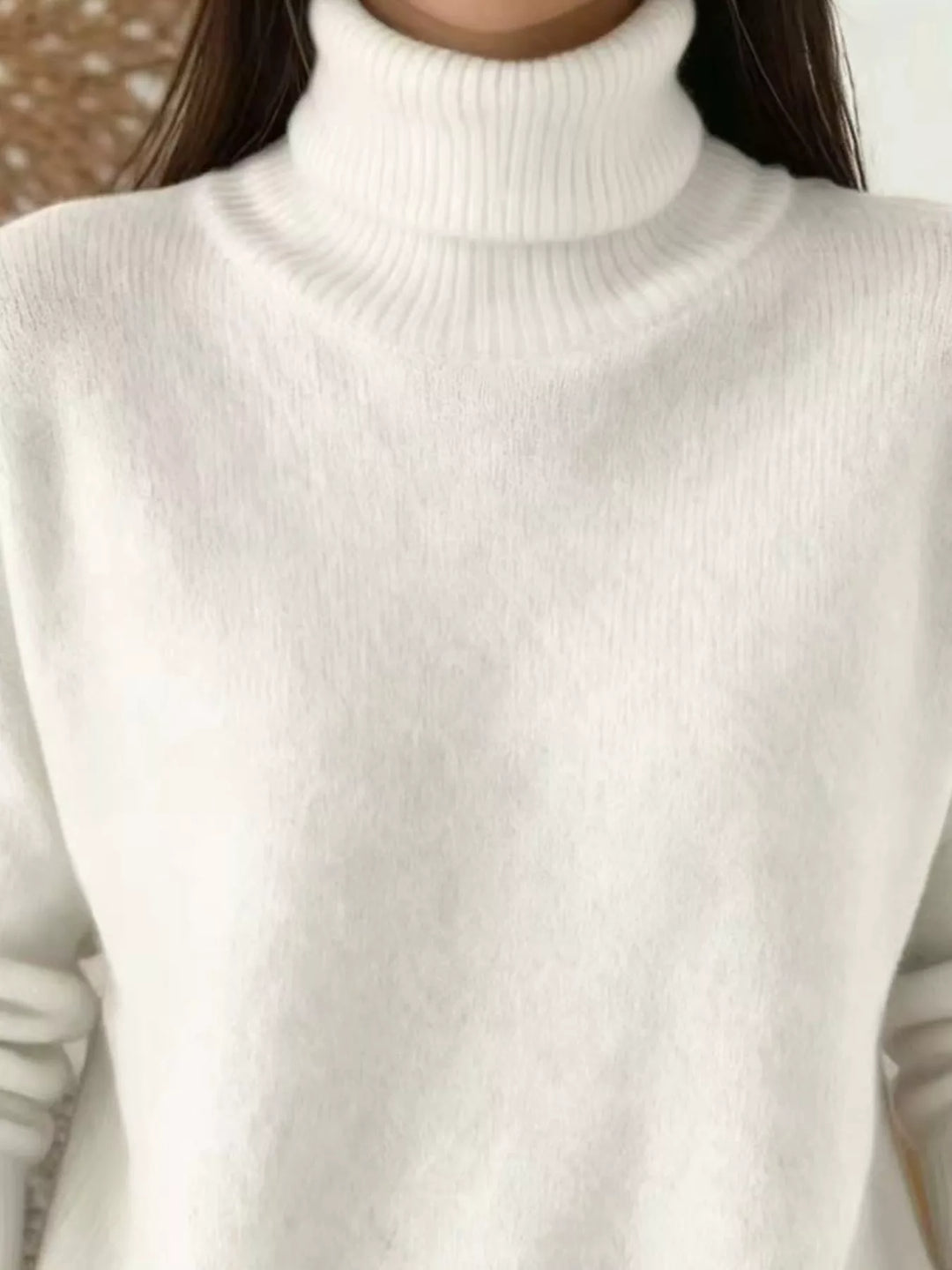 Soft fuzzy look long sleeve ribbed in white, close-up detail