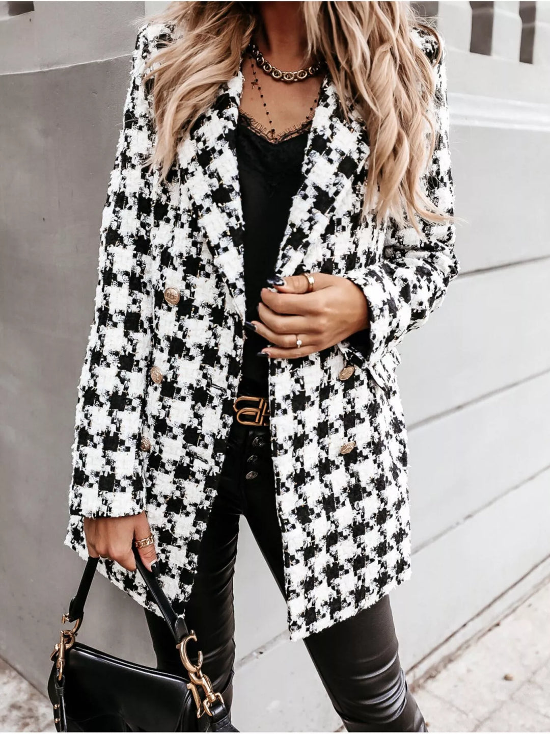 Women's tweed coat in houndstooth, double breasted longline plaid blazer, front view